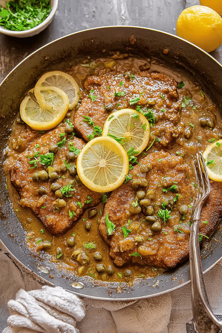 Delicious veal piccata plated with lemon slices and parsley on a rustic wooden table.