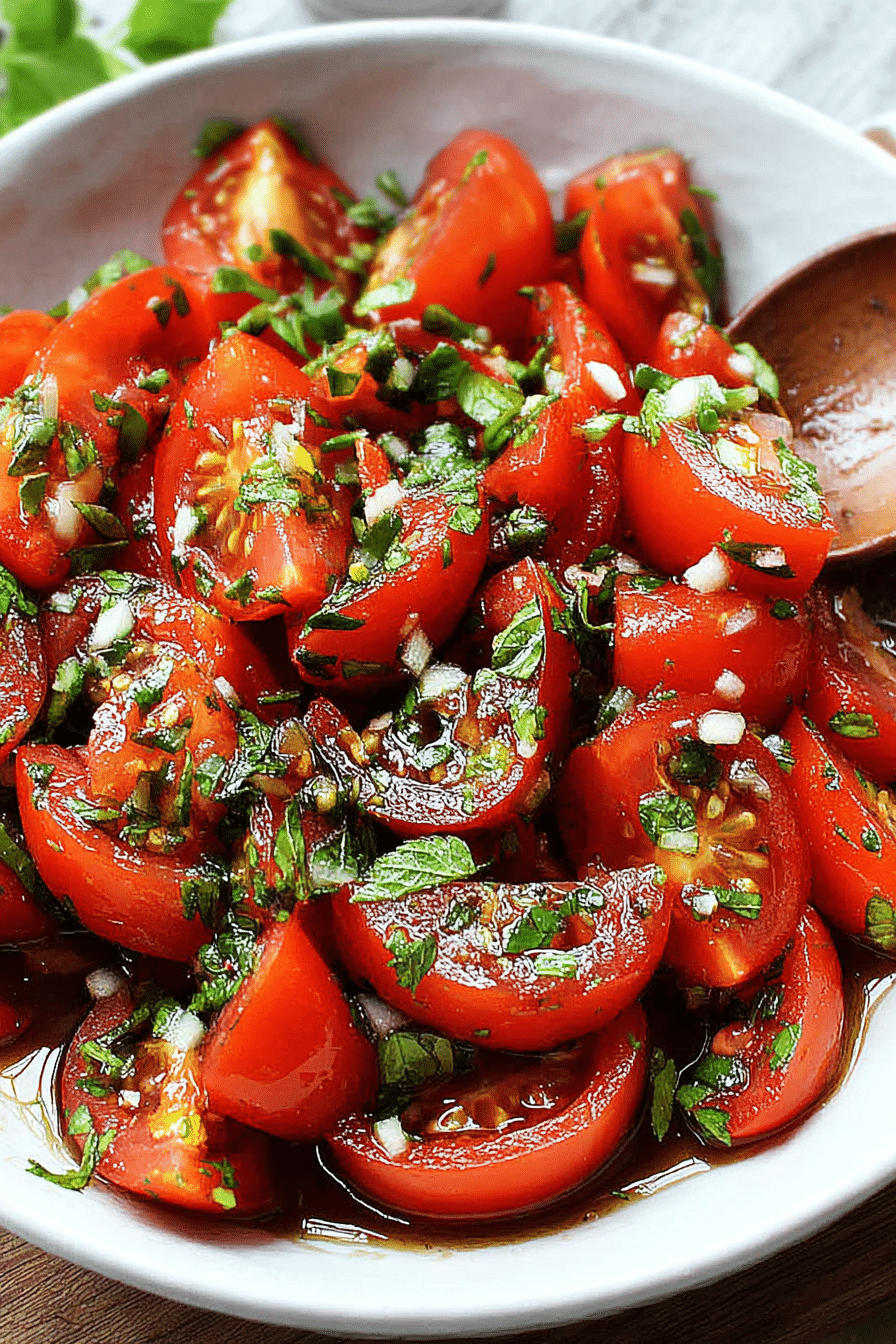 Vibrant Lebanese tomato salad with campari tomatoes, bell pepper, garlic, and parsley in a bowl.