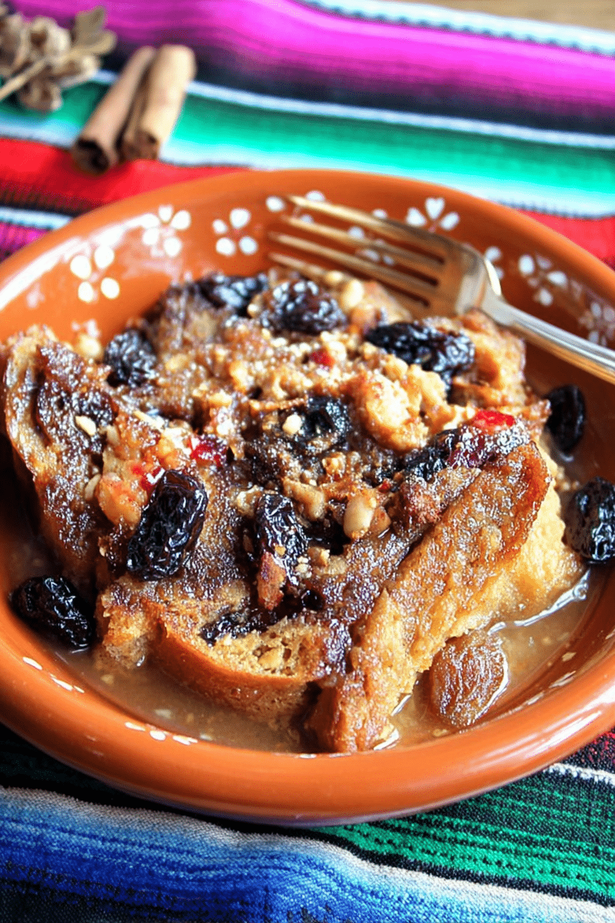 Warm capirotada bread pudding topped with melted cheese and garnished with cinnamon sticks and raisins.