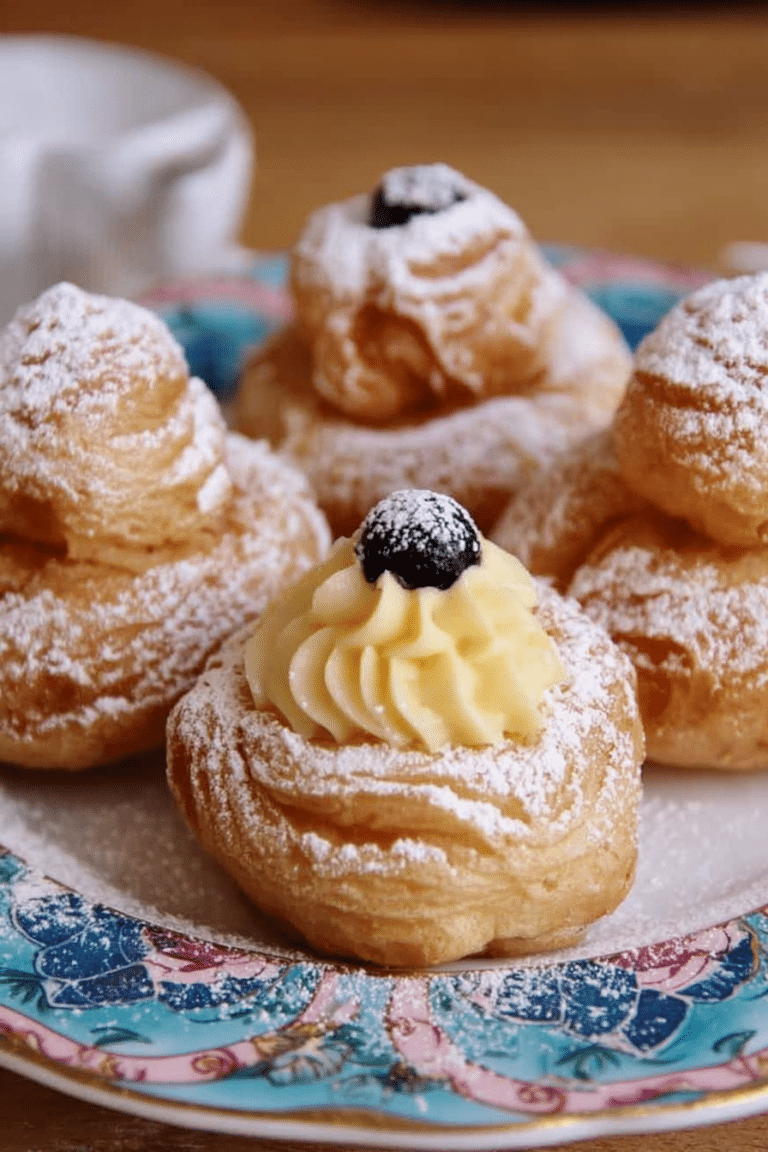 Delicious zeppole di san giuseppe styled with powdered sugar and cherries, perfect for St. Joseph's Day celebration.