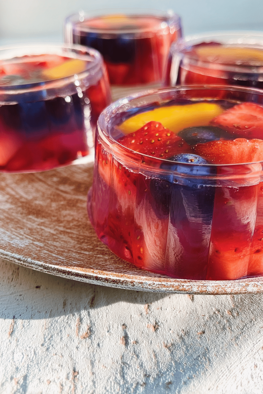Agar agar fruit jelly with mixed colorful fruits served in a bowl on a wooden table.