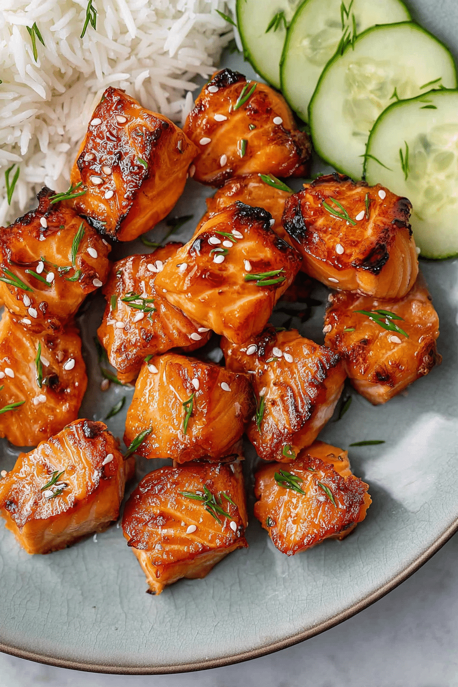 Close-up of air fryer salmon bites with sesame seeds and green onions served with rice and vegetables.