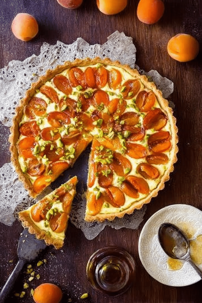 Delicious apricot crème fraîche tart with a pistachio crust, garnished with honey and fresh apricots.