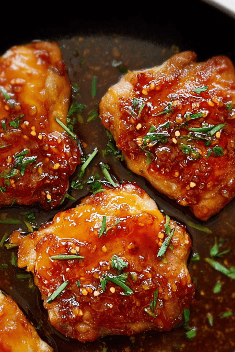 Close-up of apricot-glazed chicken thigh garnished with cilantro on a bed of rice.