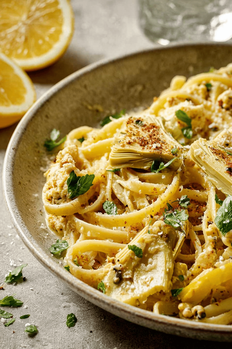 Artichoke and lemon linguine garnished with parsley and Parmigiano-Reggiano on a white plate.