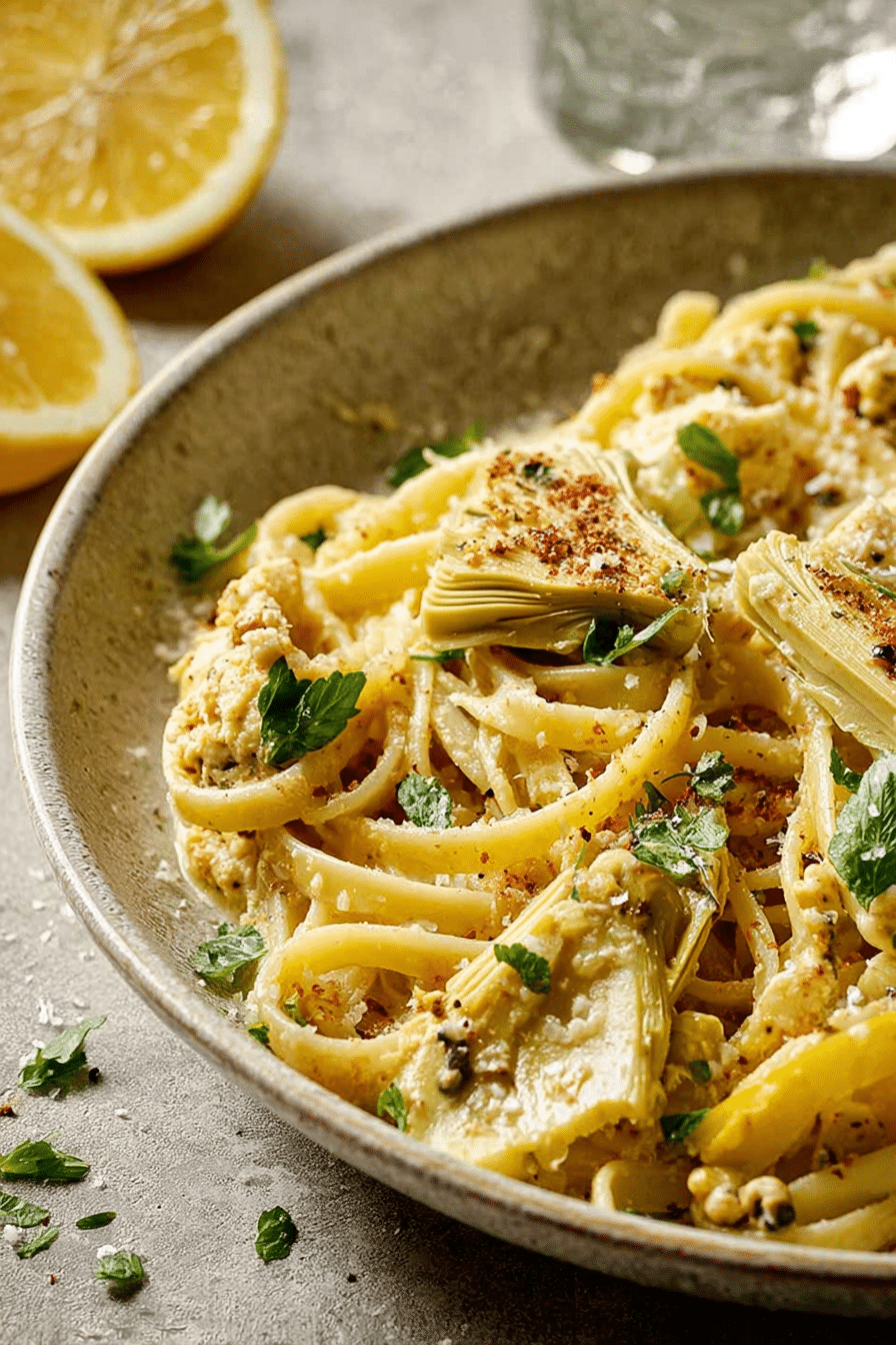 Artichoke and lemon linguine garnished with parsley and Parmigiano-Reggiano on a white plate.