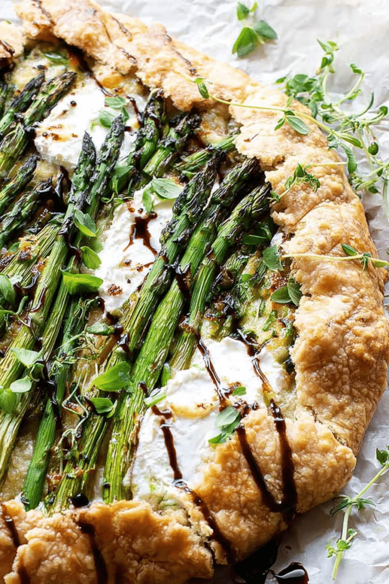 Asparagus galette with jammy leeks and ricotta served on a wooden table, garnished with fresh herbs.