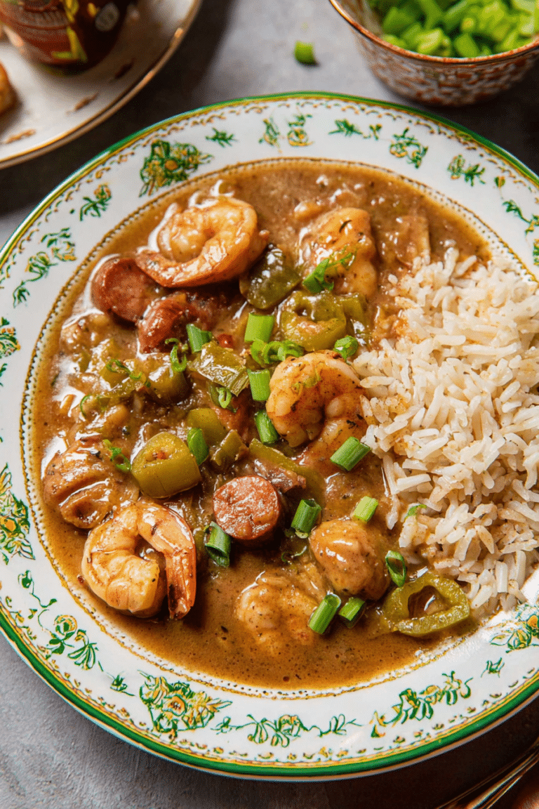 Bowl of authentic Cajun gumbo with chicken, sausage, shrimp, and rice garnished with parsley