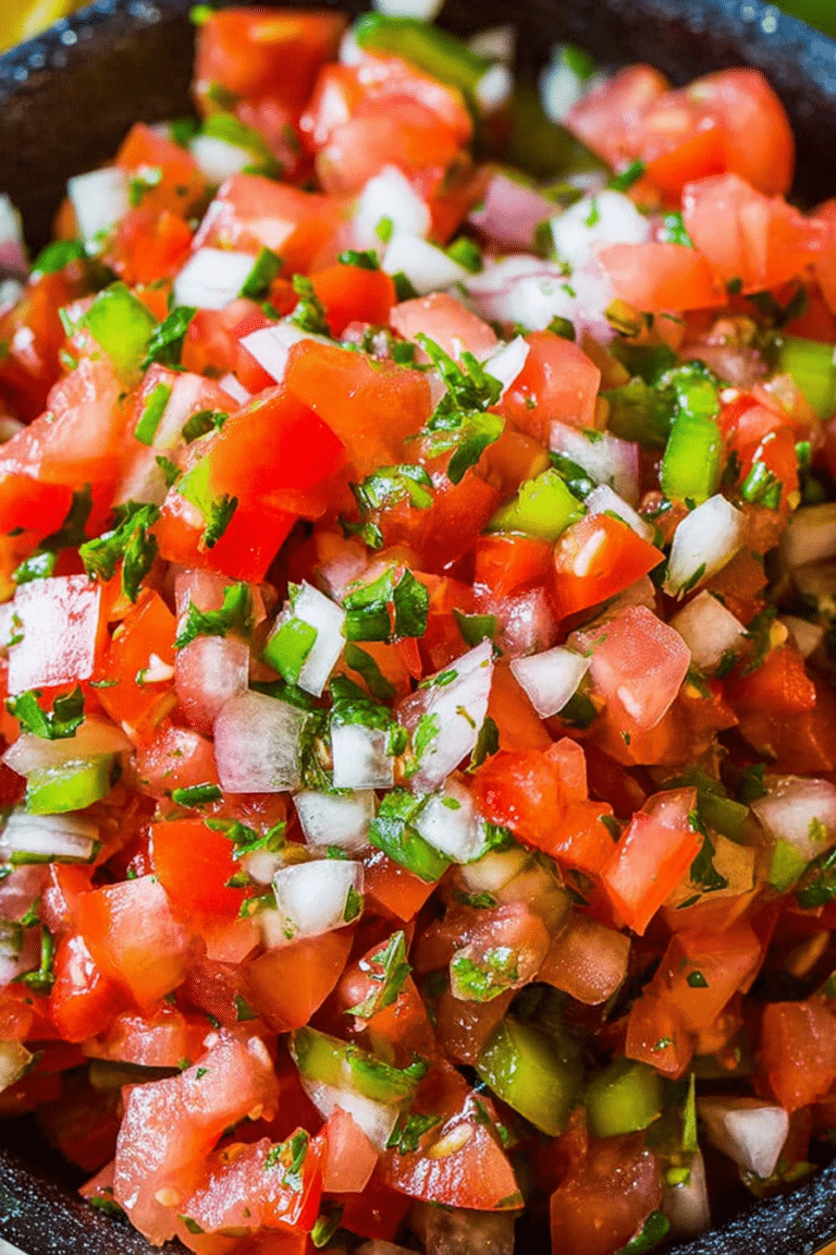 Colorful bowl of authentic pico de gallo with fresh chopped tomatoes, onions, and cilantro on a wooden table.