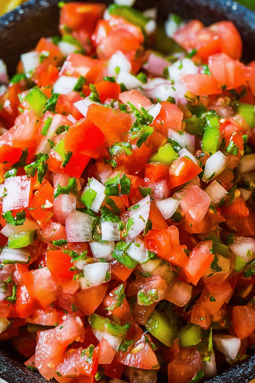 Colorful bowl of authentic pico de gallo with fresh chopped tomatoes, onions, and cilantro on a wooden table.