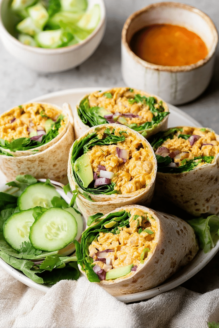 Avocado buffalo chickpea salad wraps on a plate, showcasing vibrant textures and colors of the filling.