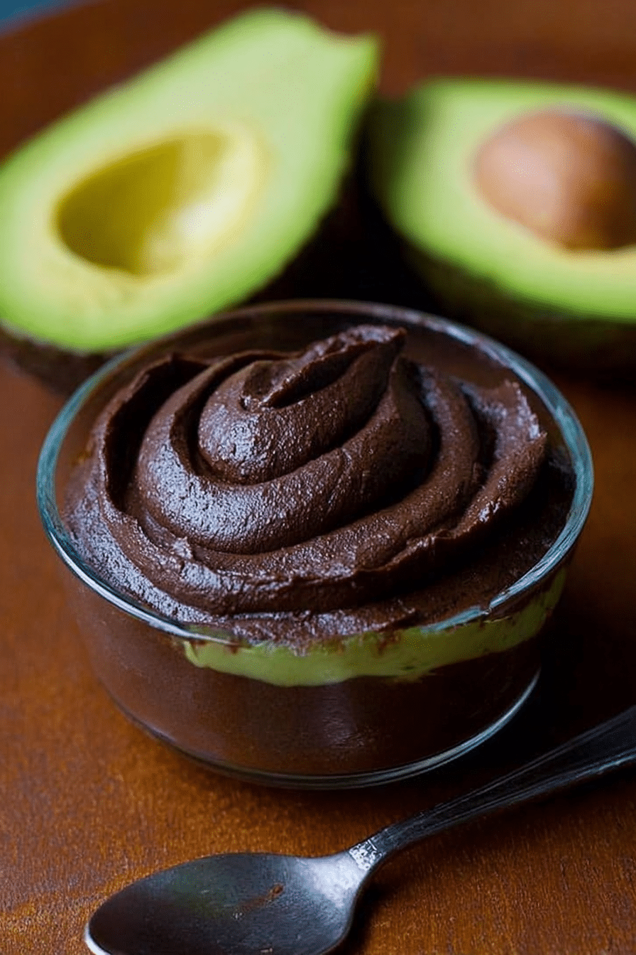 Delicious avocado chocolate mousse garnished with coconut and berries in a bowl.