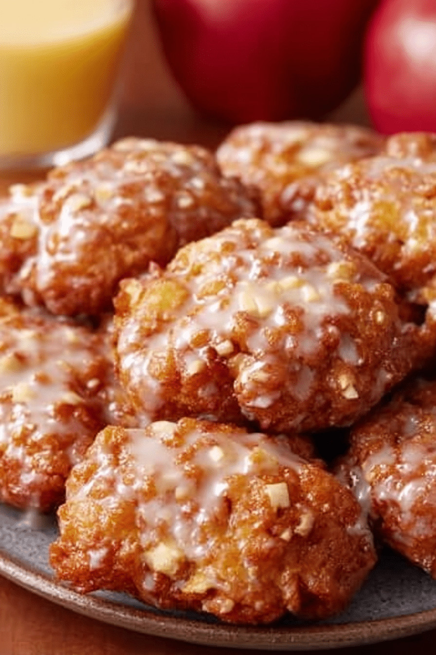 Close-up of baked apple fritters with glaze, garnished with apple slices and cinnamon.