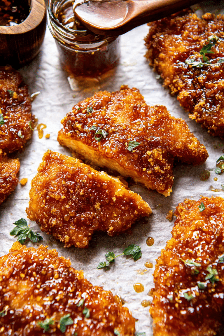 Baked crunchy hot honey chicken with a delicious drizzled sauce and fresh herbs on a wooden table.