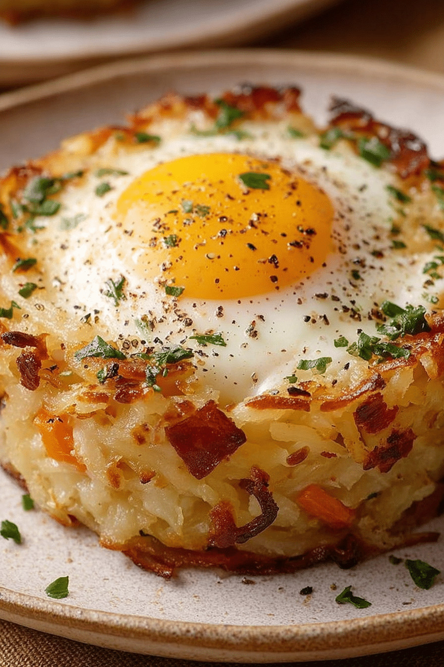 Delicious baked eggs napoleon topped with fresh herbs and smoked paprika, served on wooden table.