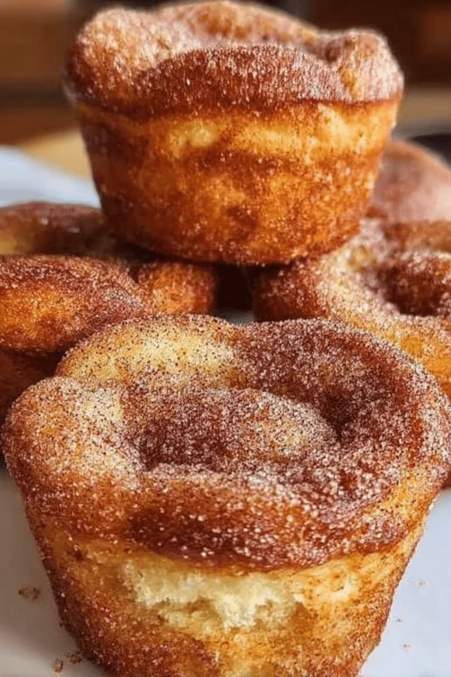 Freshly baked French toast muffins dusted with powdered sugar and served with maple syrup.