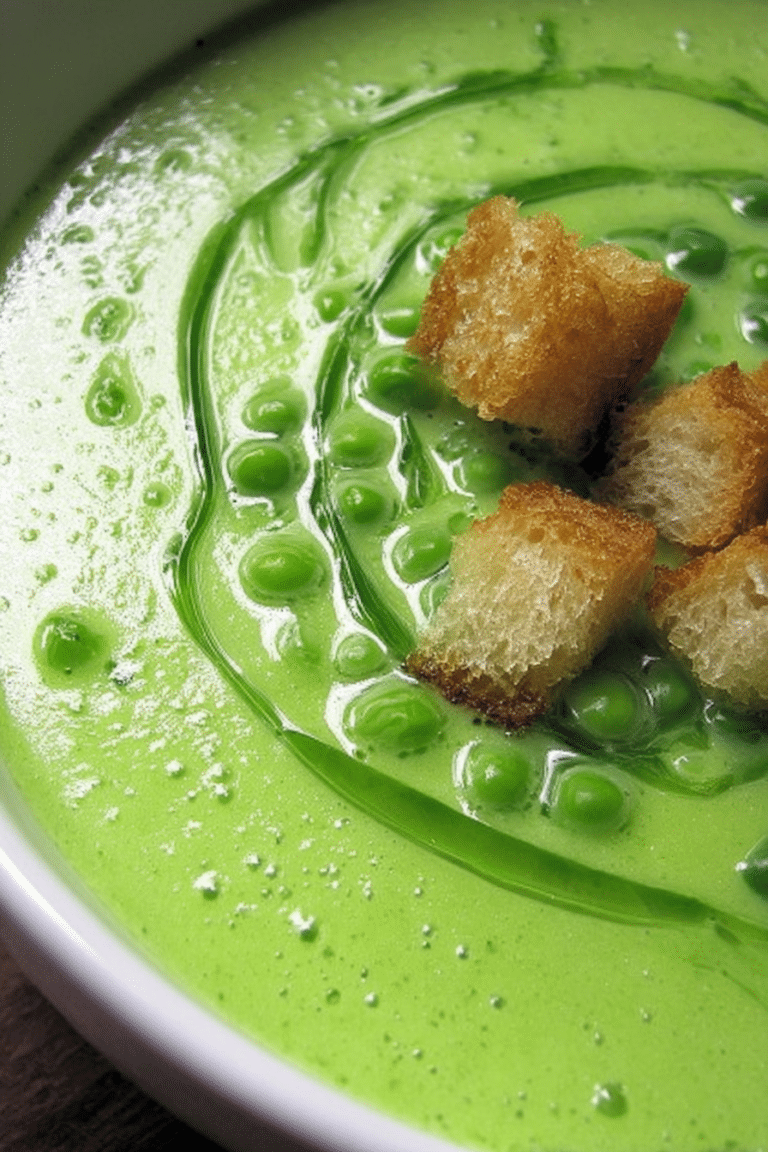 Bowl of Barefoot Contessa's fresh pea soup garnished with chives and garlic croutons.