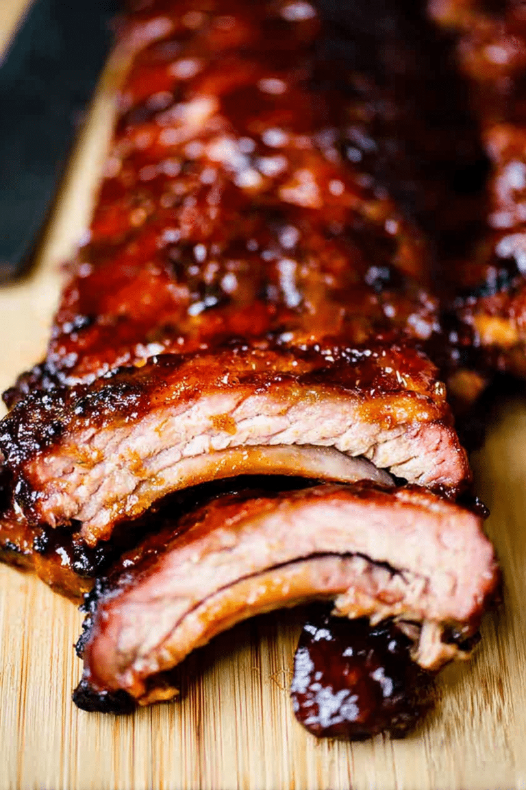 Delicious BBQ baby back ribs on a wooden table, garnished with herbs, paired with coleslaw.