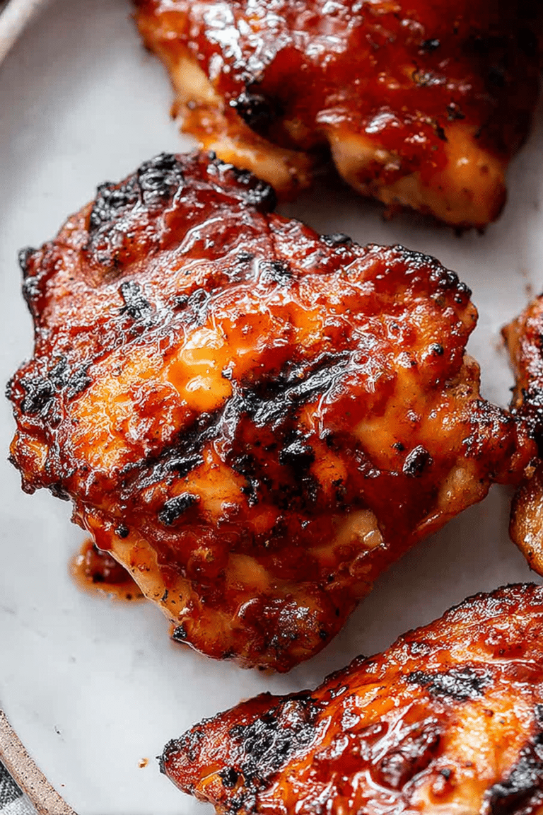 BBQ grilled chicken thighs with crispy skin and char marks on a grill, garnished with herbs