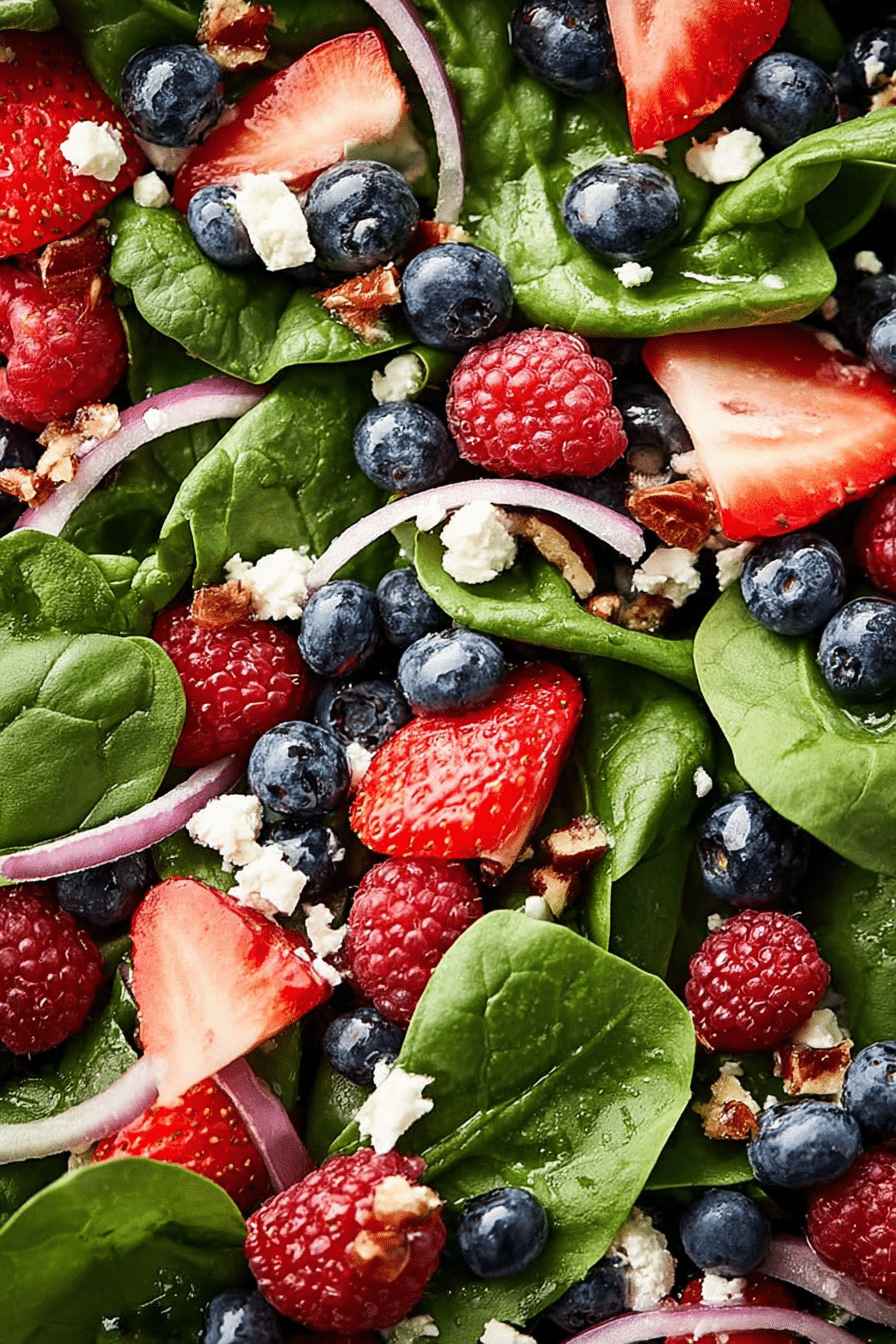 Berry spinach salad with strawberries, raspberries, blueberries, goat cheese, and pecans in a wooden bowl.
