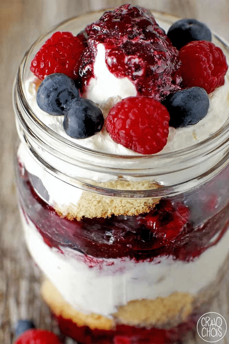 Colorful berry trifle in a mason jar with layers of fresh berries, cake, and whipped cream