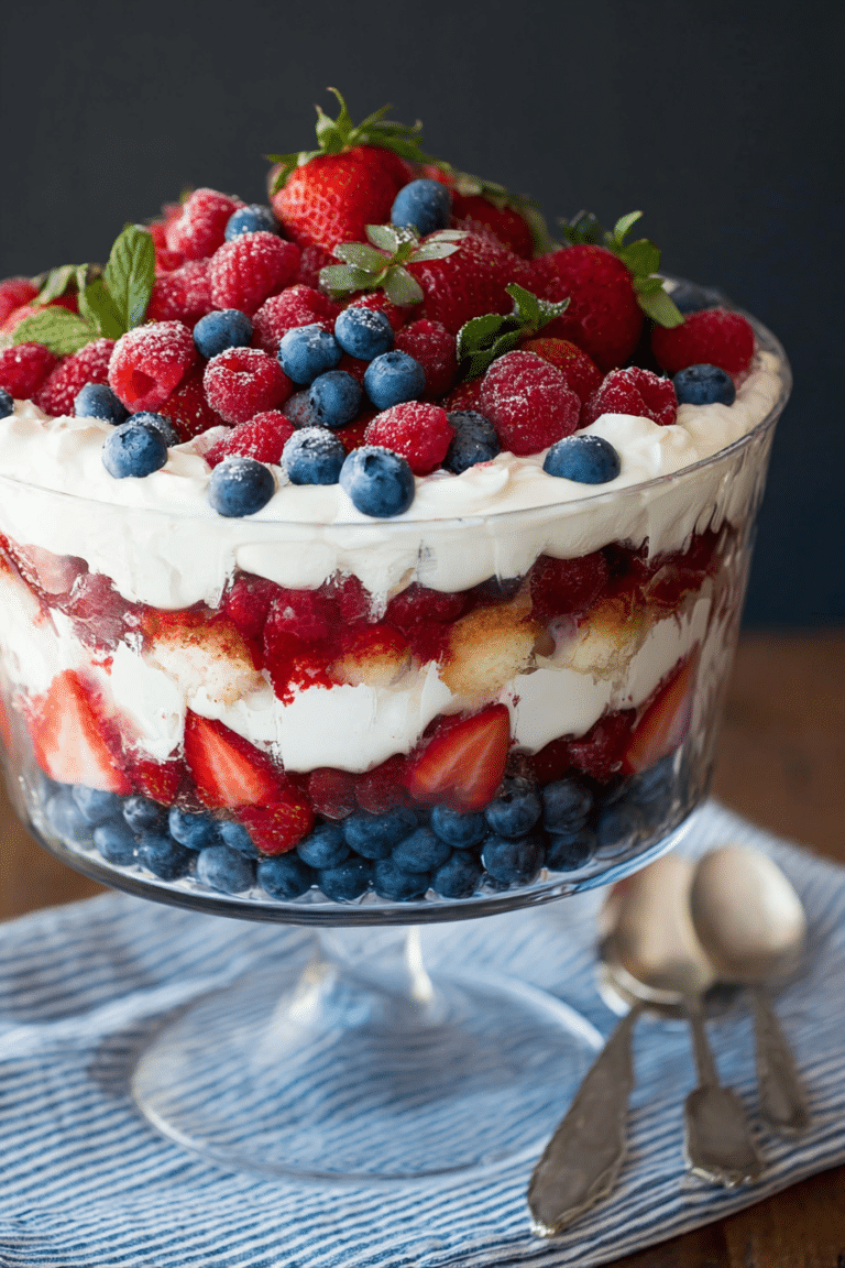Berry trifle with layers of angel food cake, whipped cream, and fresh berries in a glass dish, perfect summer dessert.