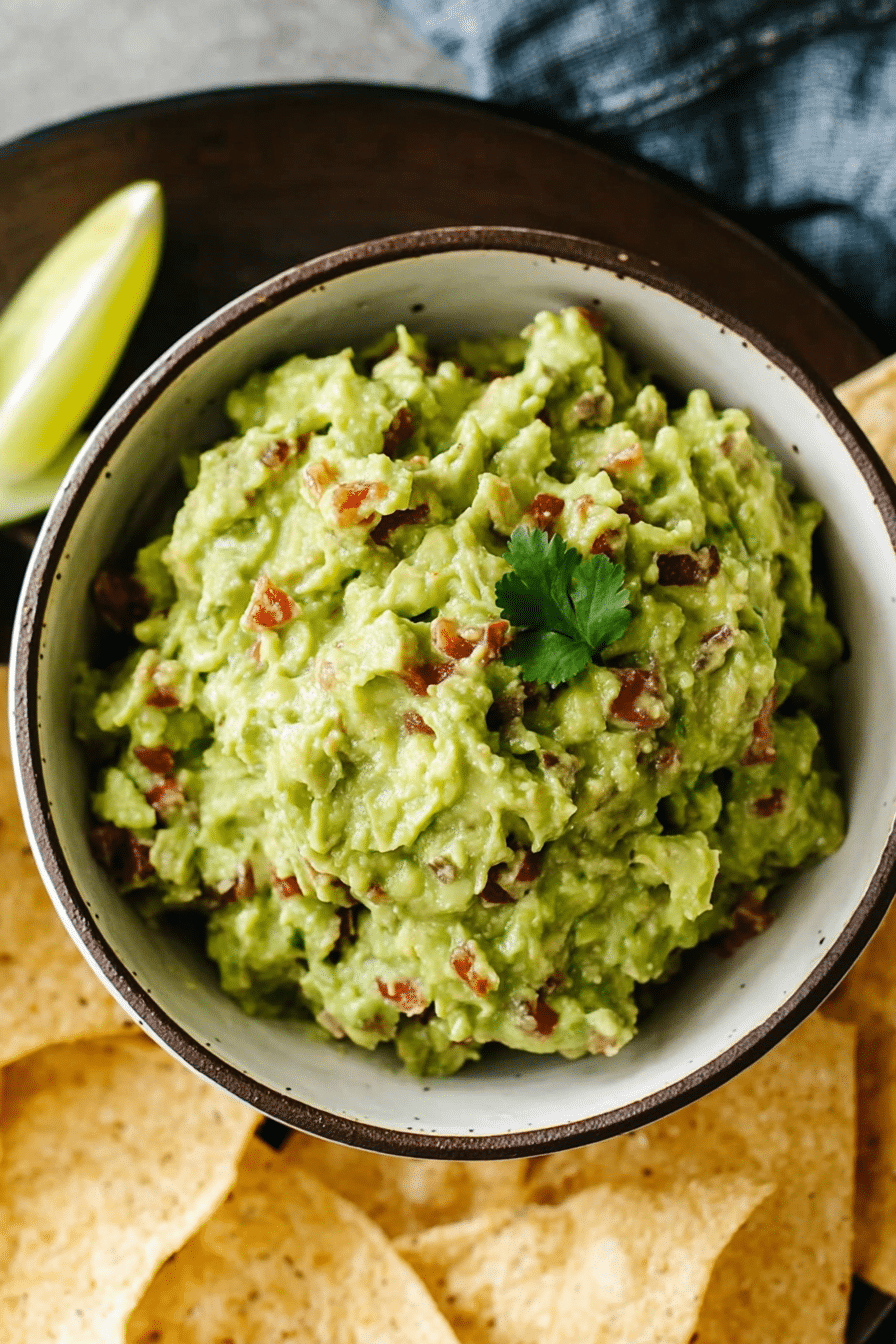 Freshly made guacamole in a bowl with tortilla chips on the side, highlighting its creamy texture and colorful ingredients.
