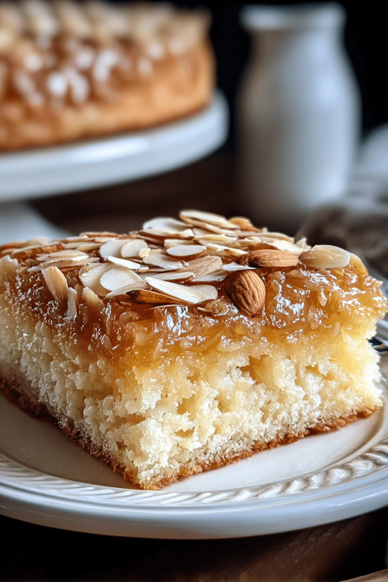Slice of Bienenstich (Bee Sting Cake) on a wooden table, accompanied by fresh berries and coffee.