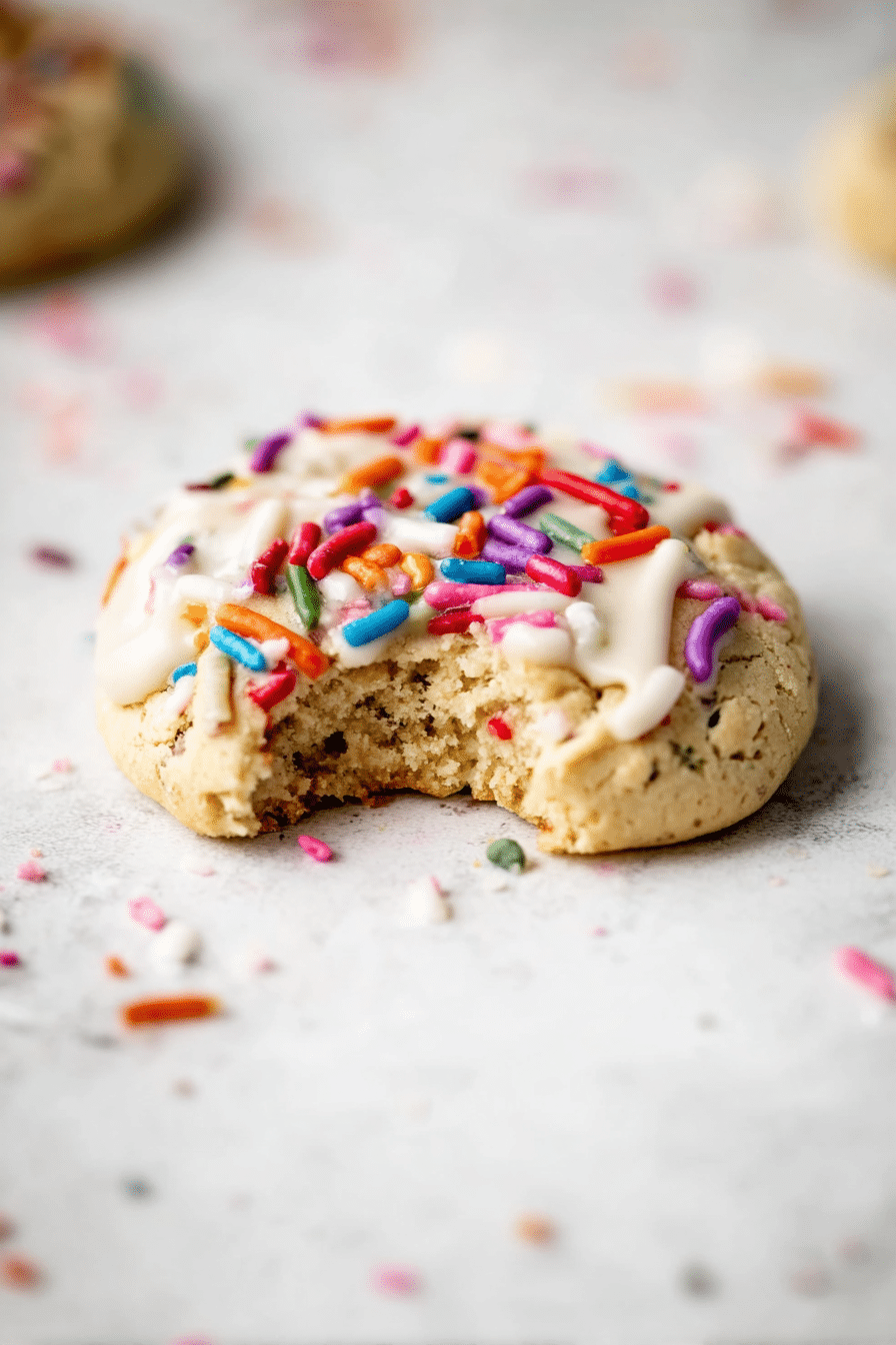 Close-up of soft and chewy birthday cake cookies decorated with vanilla buttercream and sprinkles.
