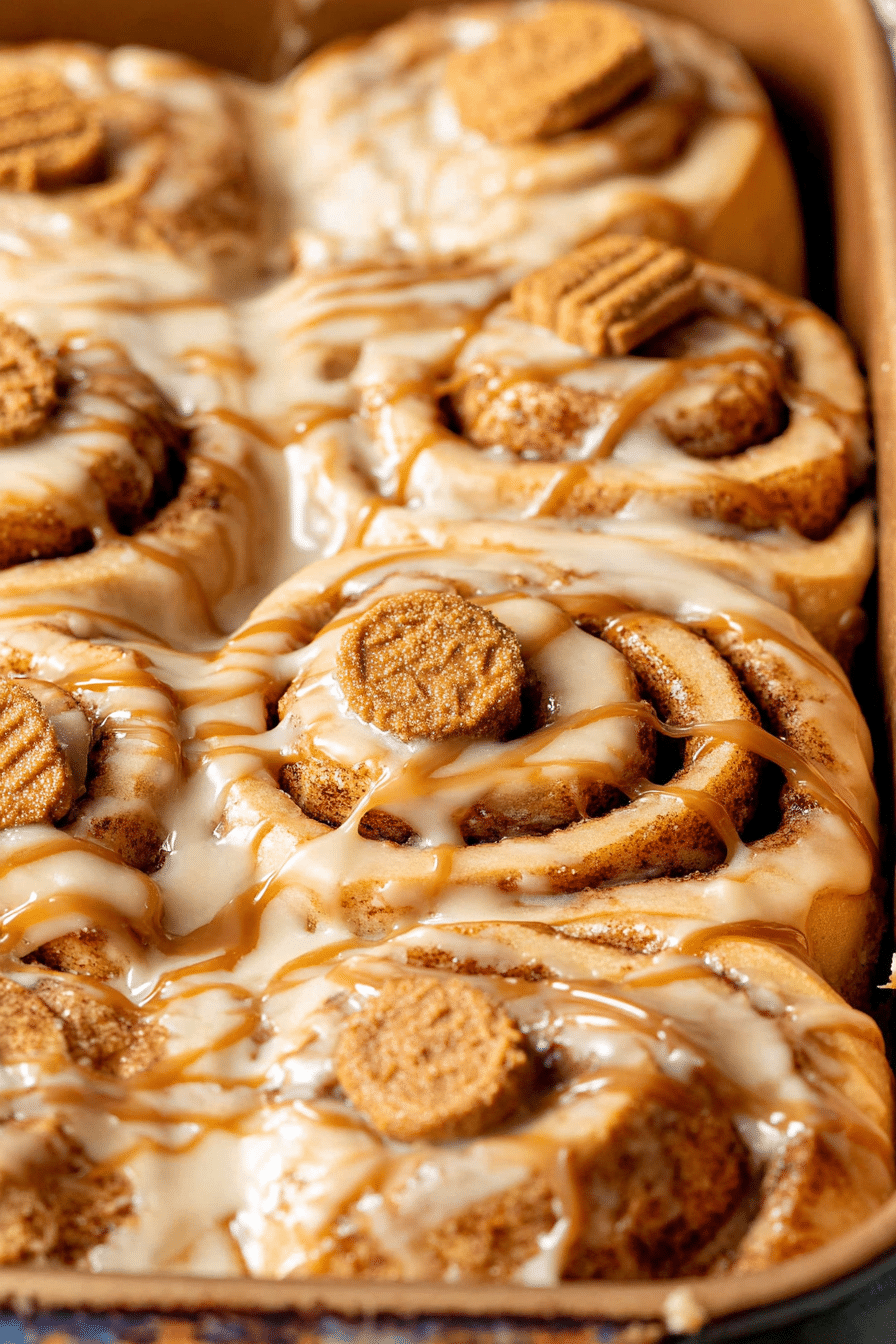 Freshly baked Biscoff cinnamon roll with cream cheese icing and crushed cookies on a wooden board.