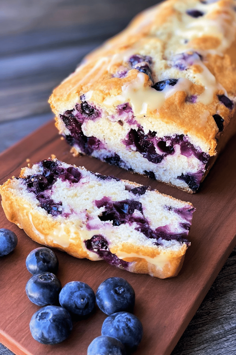 Freshly baked blueberry cream cheese bread sliced with blueberries on a wooden cutting board