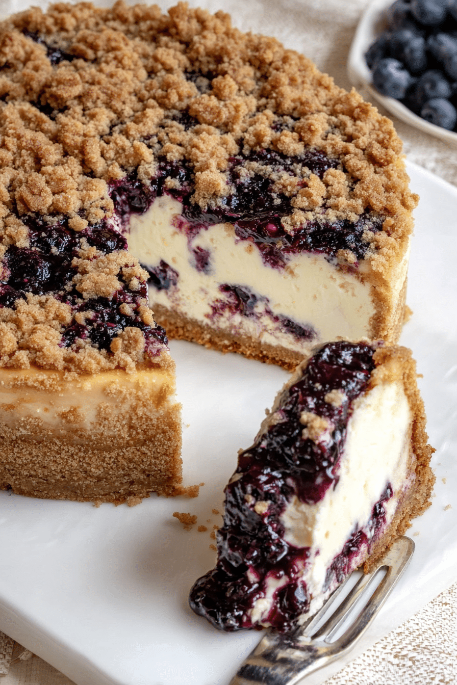 A slice of blueberry crumble cheesecake topped with fresh blueberries and crumble on a wooden plate.