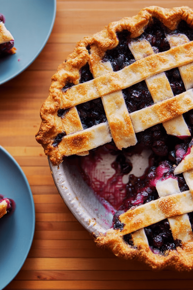 Close-up of a blueberry lattice pie with a golden crust and fresh blueberries, set on a rustic wooden table.