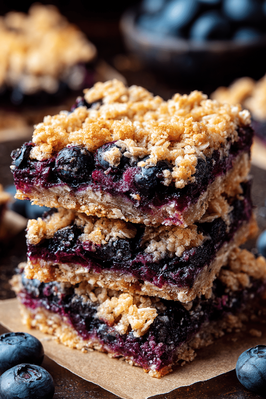 Freshly baked blueberry oatmeal bars on a cutting board with fresh blueberries.