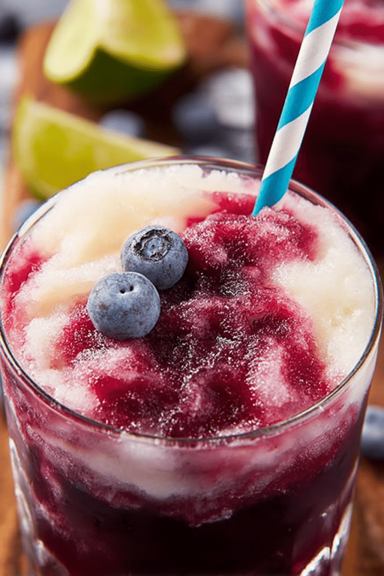 Boozy blueberry limeade slushie in a glass with lime wedges and blueberries on a wooden table.
