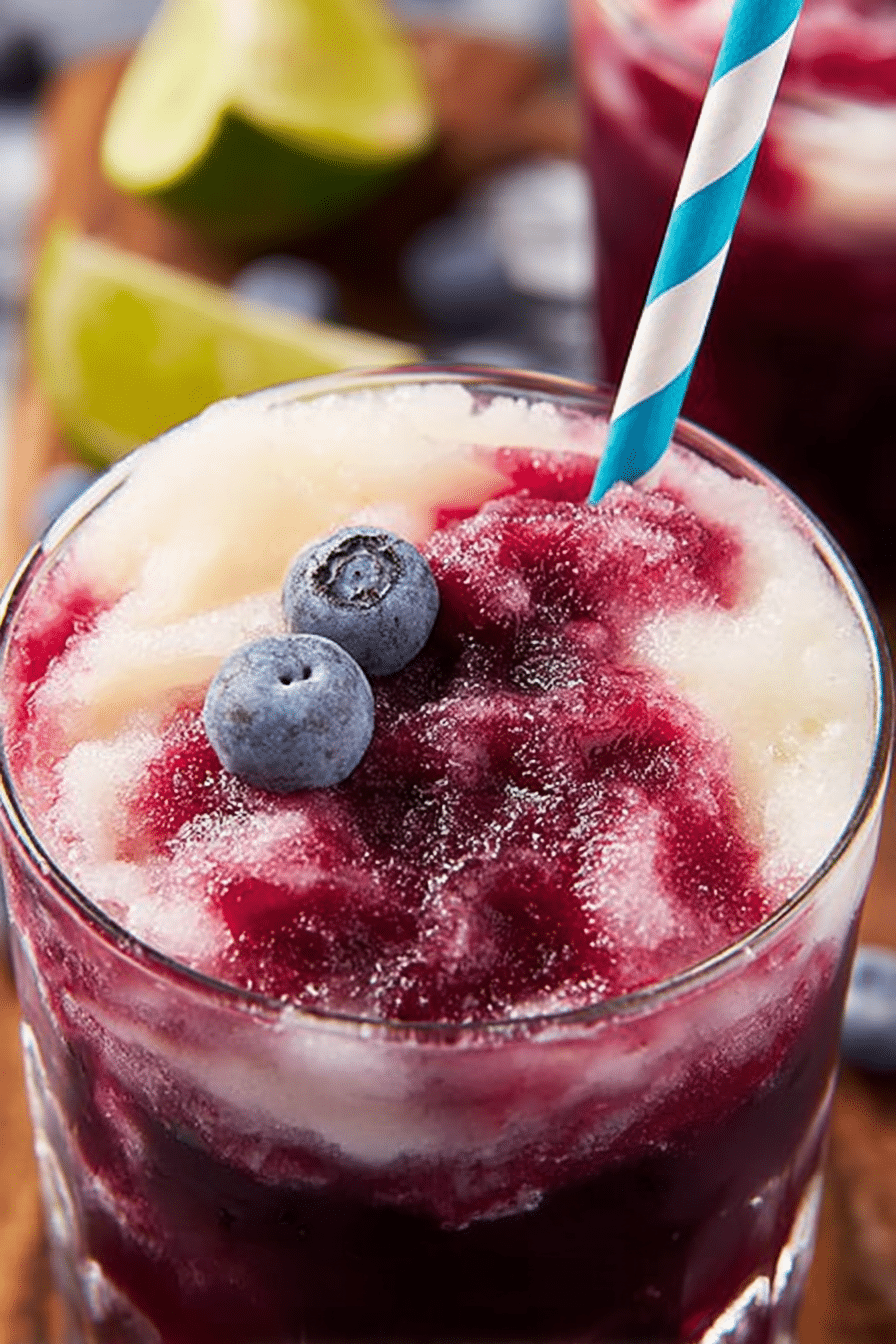Boozy blueberry limeade slushie in a glass with lime wedges and blueberries on a wooden table.