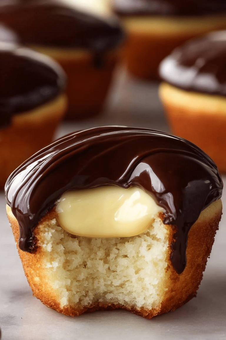 Delicious Boston Cream Pie Cupcakes topped with rich chocolate ganache and vanilla cream, perfect for dessert lovers.