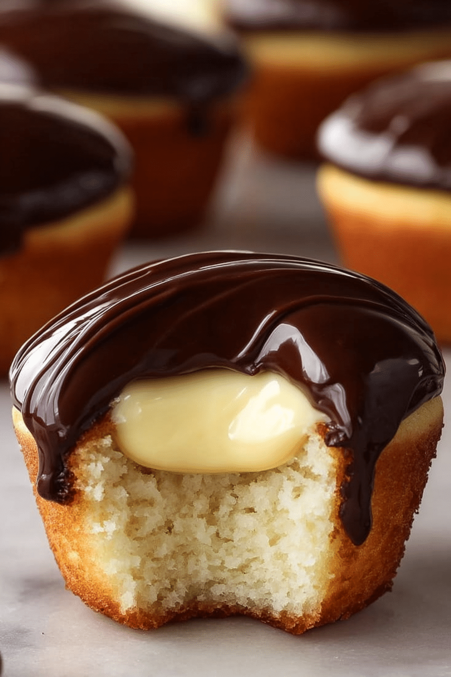 Delicious Boston Cream Pie Cupcakes topped with rich chocolate ganache and vanilla cream, perfect for dessert lovers.