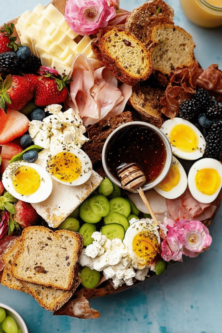 Breakfast charcuterie board with assorted cheeses, fruits, pastries, and meats.