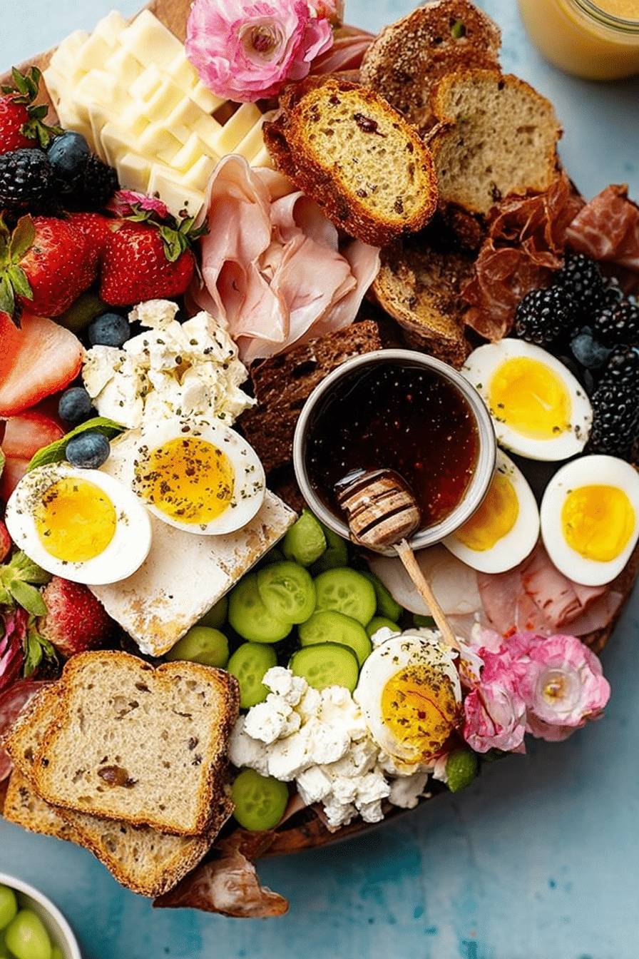 Breakfast charcuterie board with assorted cheeses, fruits, pastries, and meats.