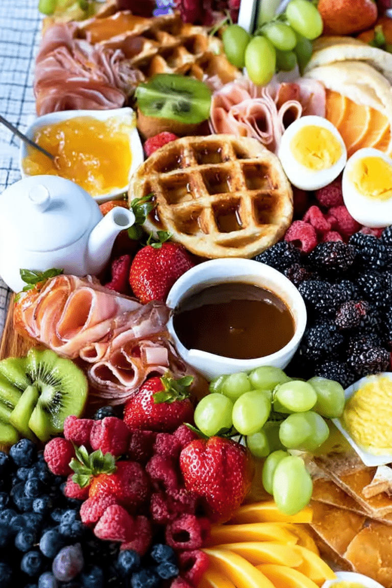 An elegant brunch charcuterie board featuring waffles, fresh fruits like strawberries and kiwi, mini baked goods, and syrup, perfect for special occasions.
