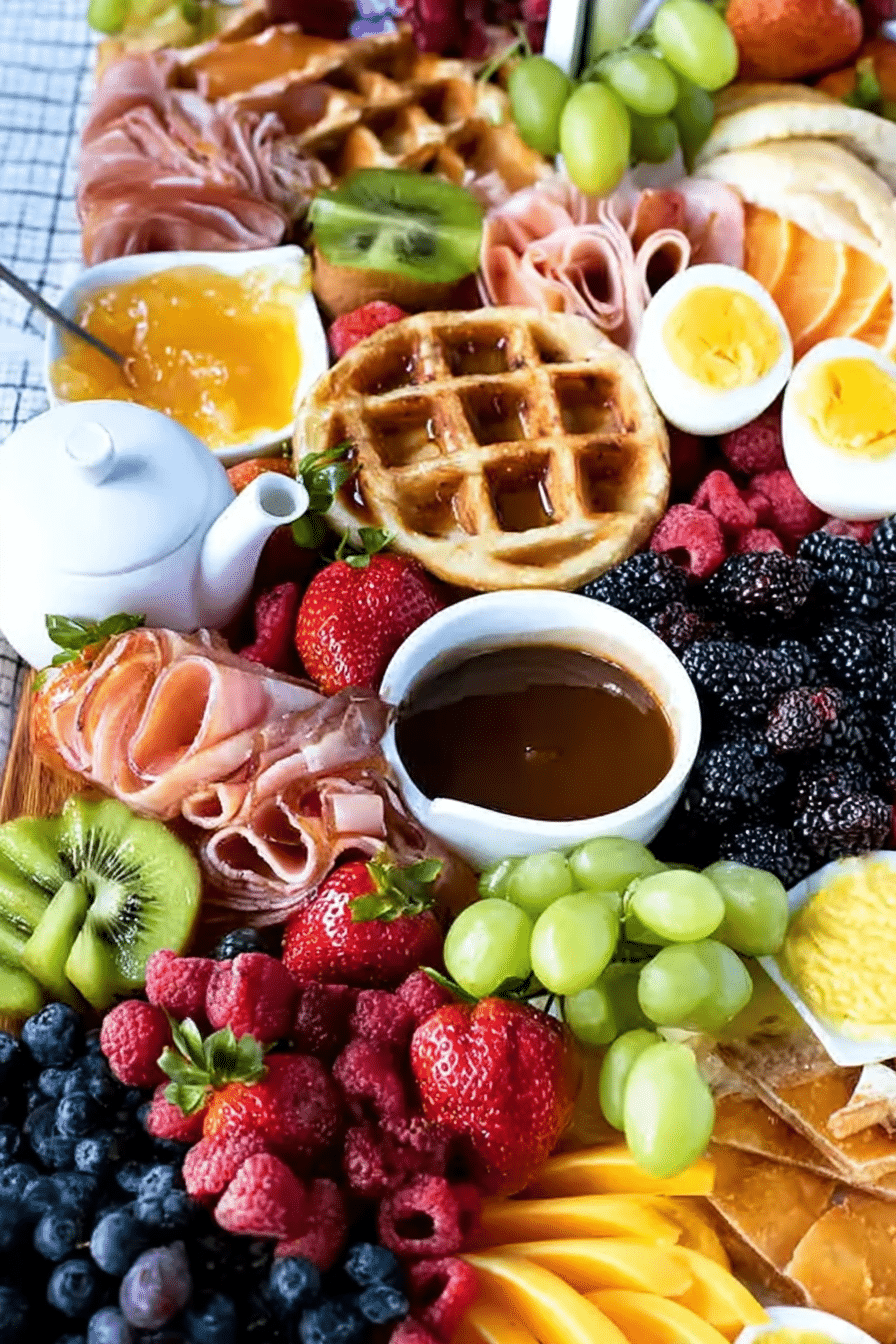 An elegant brunch charcuterie board featuring waffles, fresh fruits like strawberries and kiwi, mini baked goods, and syrup, perfect for special occasions.