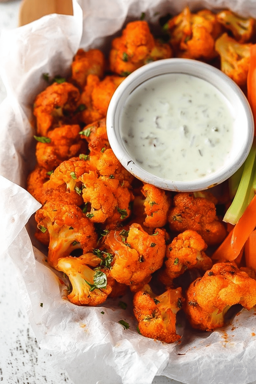 Close-up of buffalo cauliflower bites served with ranch dressing and celery sticks in a bright kitchen.