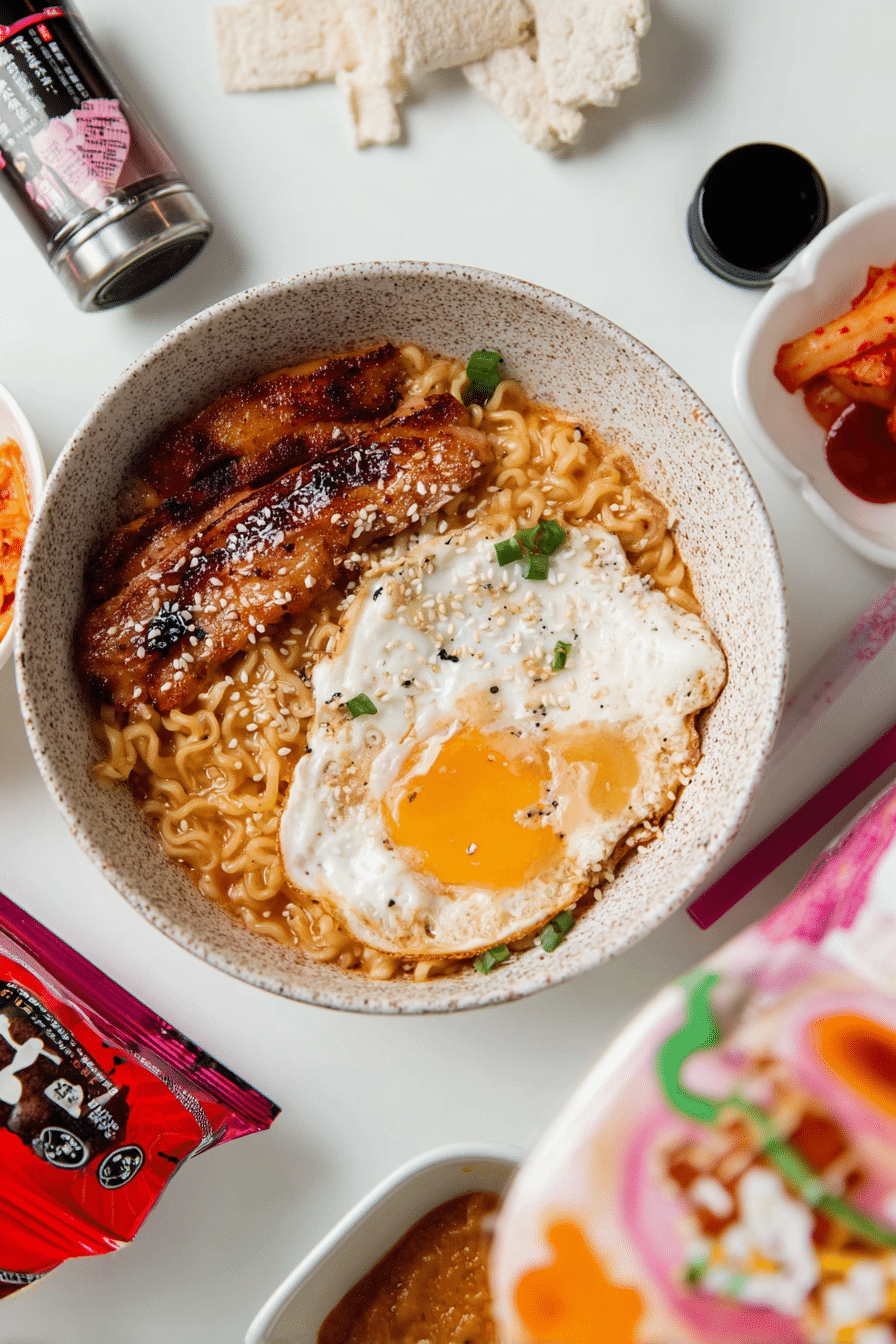 Delicious buldak carbonara in a bowl, showcasing creamy texture and vibrant toppings.