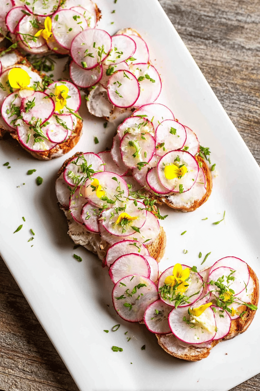 A close-up of French buttered radish toasts garnished with chives and edible flowers on a wooden board