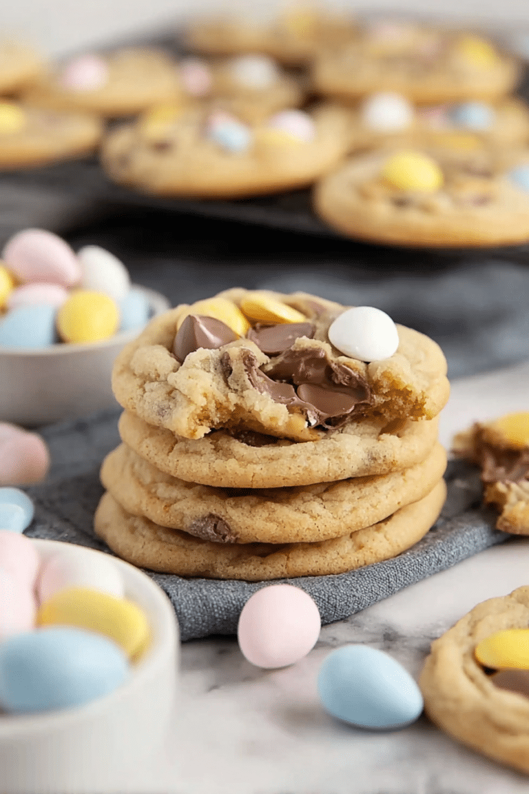 Plate of freshly baked Cadbury Egg Cookies surrounded by crushed mini eggs, perfect for Easter treats.