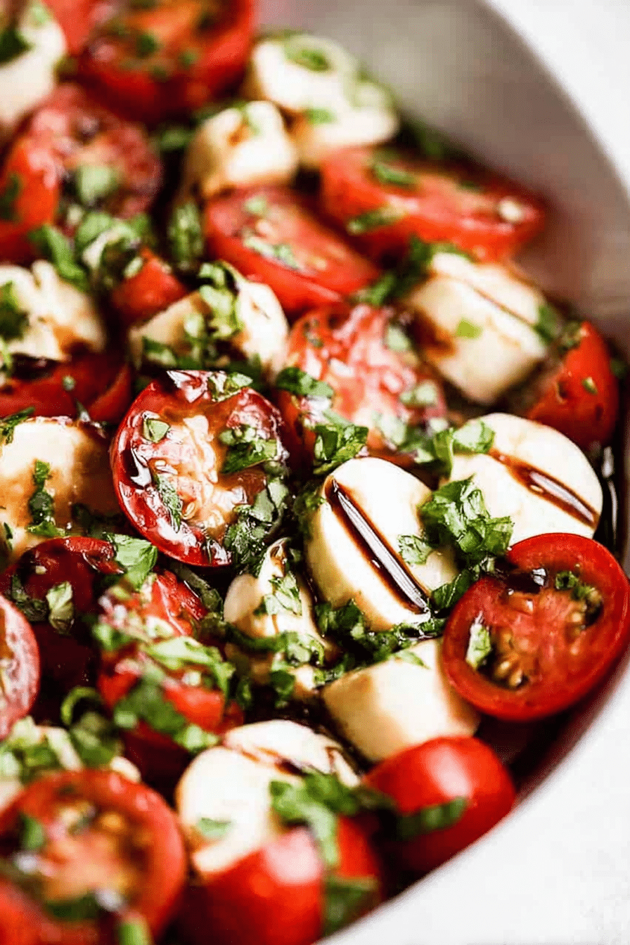Plated Caprese salad with cherry tomatoes, mozzarella, basil, and balsamic glaze on a wooden table.