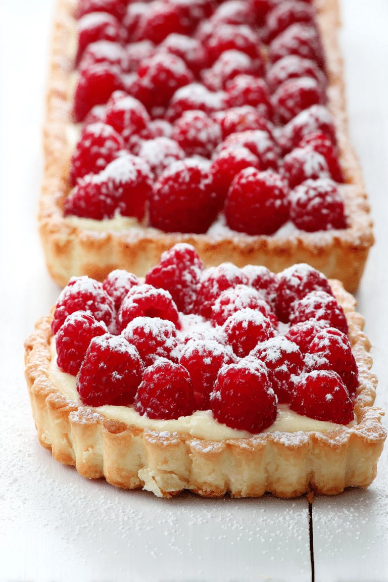 Cheesecake tart with fresh raspberries and powdered sugar on a wooden table