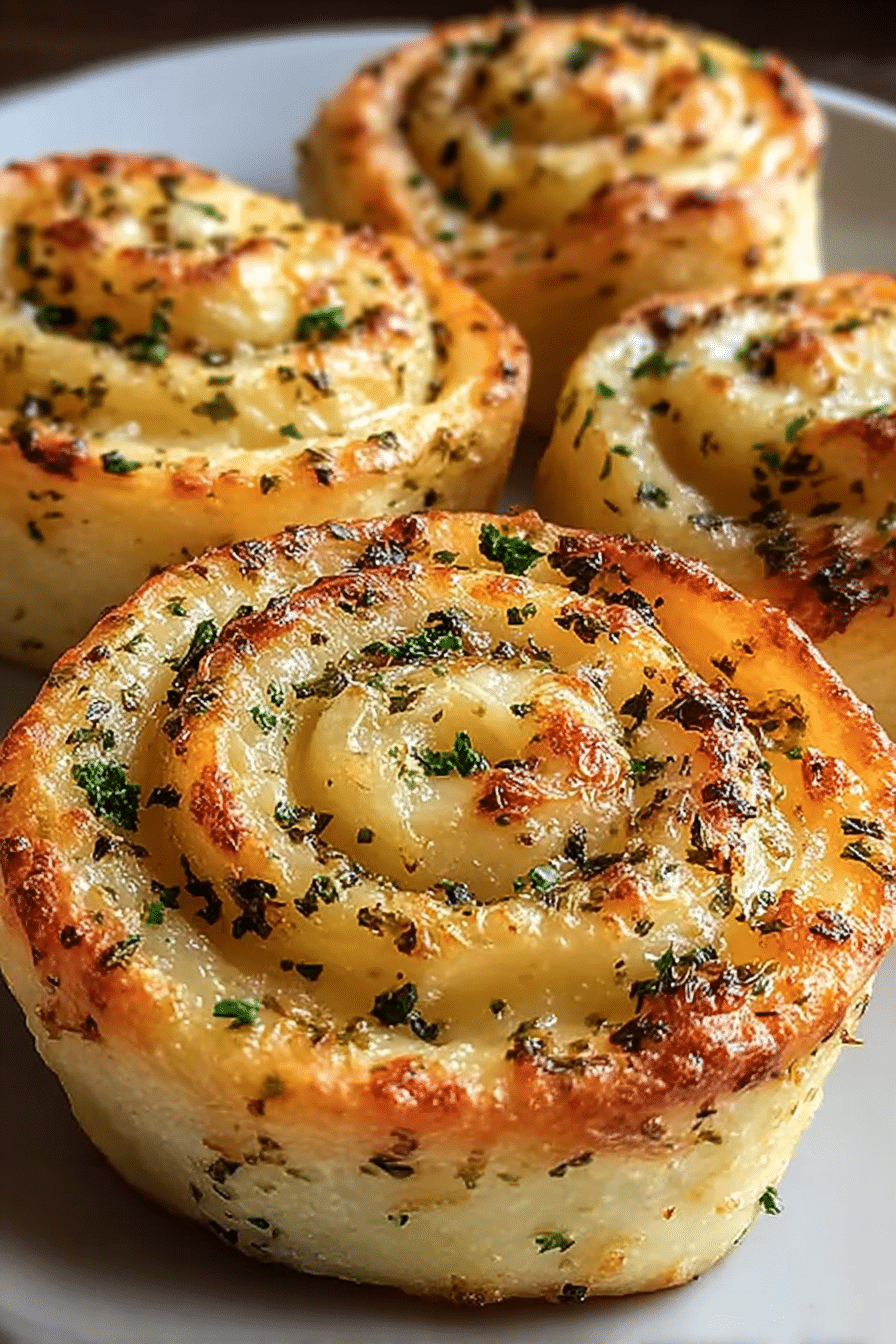 Close-up of cheesy garlic butter rollups with melted cheese, garlic, and parsley on a wooden table.