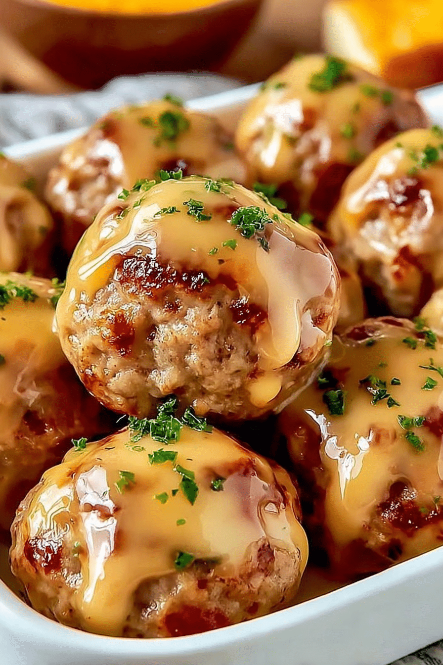 Cheesy Rotel sausage balls served on a wooden platter with fresh parsley and dipping sauces, perfect for parties.